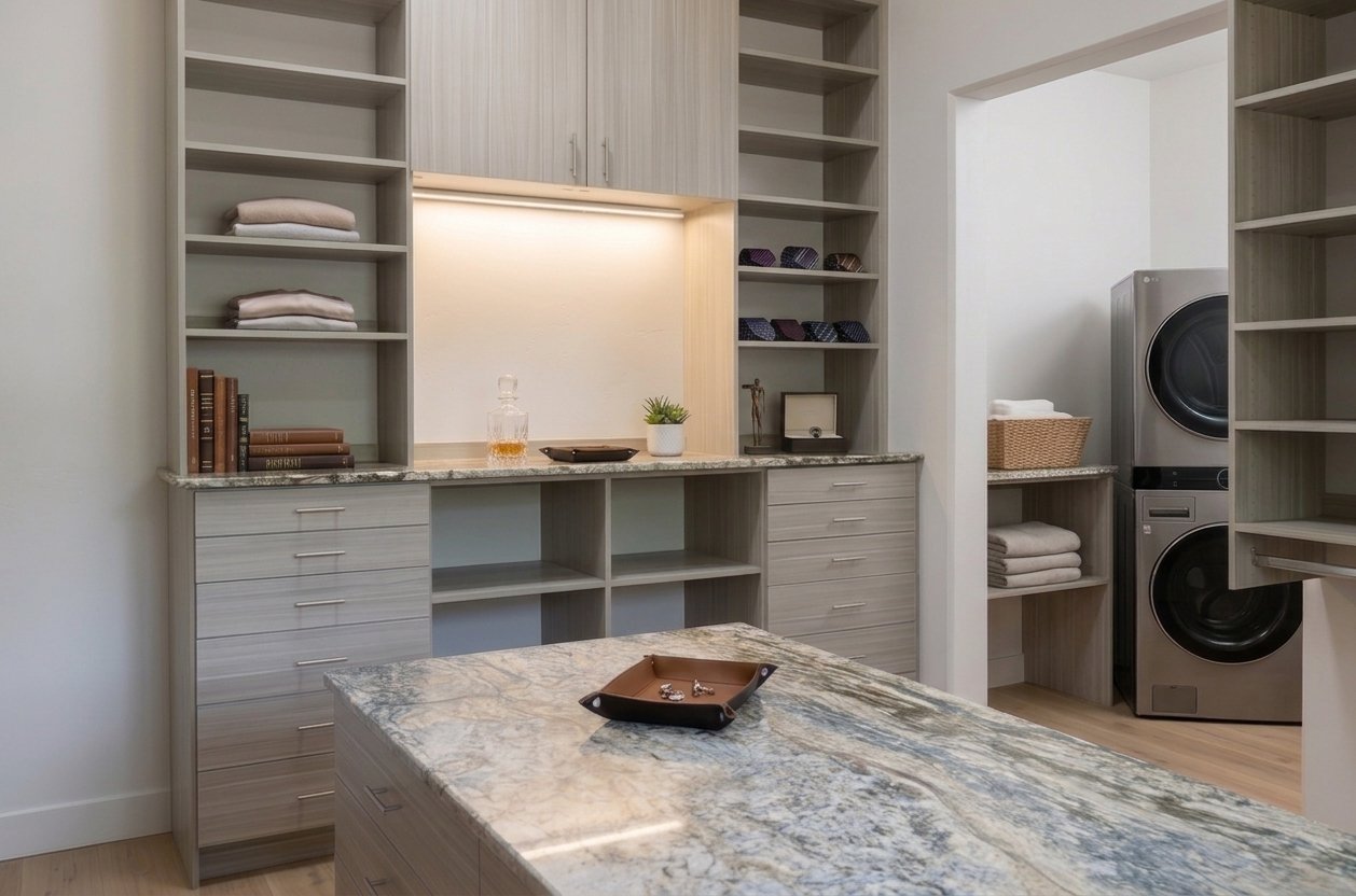Closet hutch with a lit niche, drawers and a stone-topped island